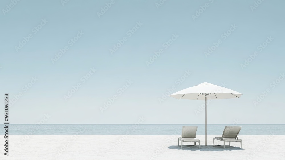 A beach umbrella and two chairs, minimally arranged on white sand, with a clean background emphasizing calm and simplicity. A beach umbrella and two chairs, minimally arranged on white sand, with a clean background emphasizing calm and simplicity.