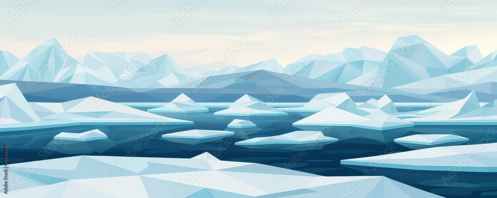 Obraz premium A serene icy landscape featuring floating icebergs and a tranquil blue ocean under a soft sky.