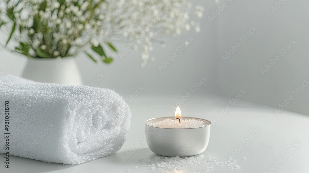 A clean, simple spa scene with a towel, candle, and sea salt, captured in a minimalist style against a plain backdrop. A clean, simple spa scene with a towel, candle, and sea salt, captured in a minimalist style against a plain backdrop.