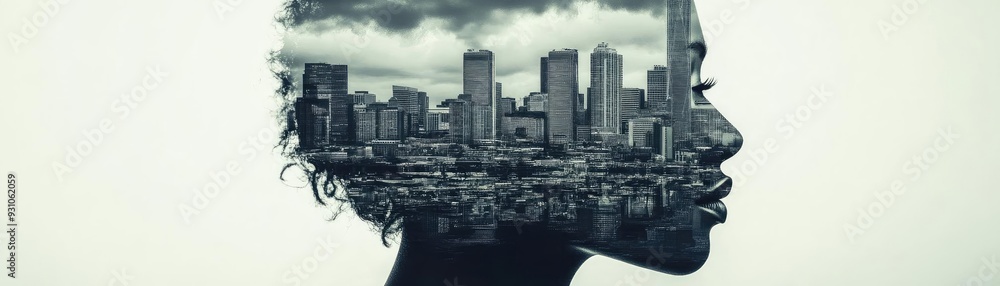 A surreal depiction of a woman's silhouette fused with a cityscape, symbolizing the connection between urban life and identity. A surreal depiction of a woman's silhouette fused with a cityscape, symbolizing the connection between urban life and identity.