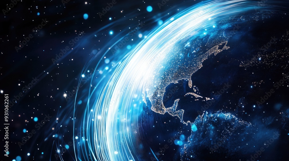 A futuristic globe with swirling fiber optic lines, highlighting the concept of worldwide digital networks, with copy space. A futuristic globe with swirling fiber optic lines, highlighting the concept of worldwide digital networks, with copy space.