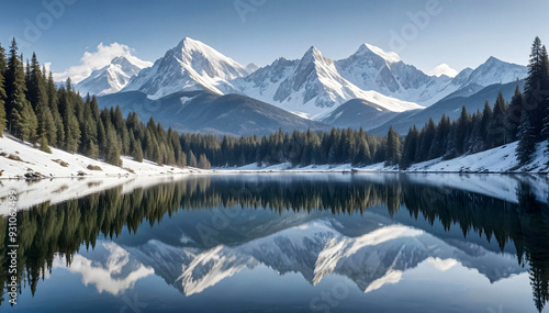 Snowy Mountain Peaks Reflected in a Calm Lake Surrounded by Pine Forest