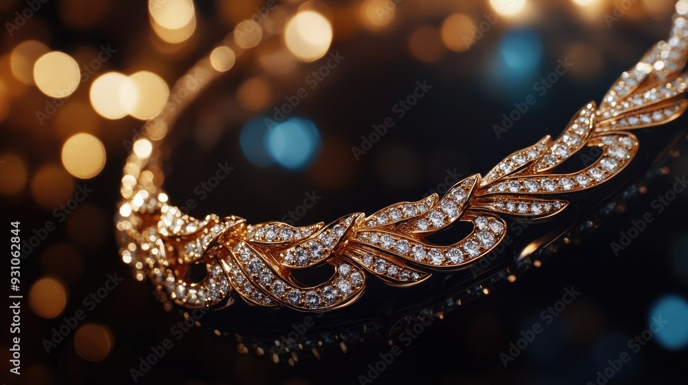 A luxurious gold necklace with diamonds, shown in close-up against a dark, sophisticated backdrop A luxurious gold necklace with diamonds, shown in close-up against a dark, sophisticated backdrop
