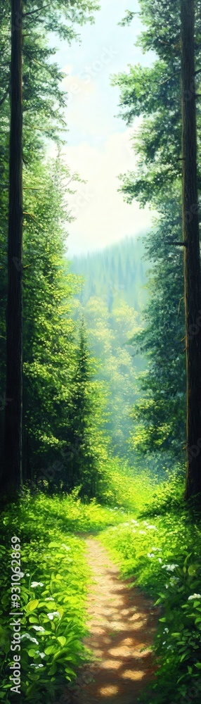 Fototapeta premium Serene forest path surrounded by lush greenery and towering trees, inviting tranquility and adventure in nature.