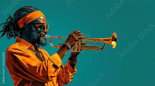 Trumpet Player in Vibrant Hues: A young man with dreadlocks and an orange shirt plays a golden trumpet against a teal background, radiating energy and passion. Capture the essence of music, creativity photo