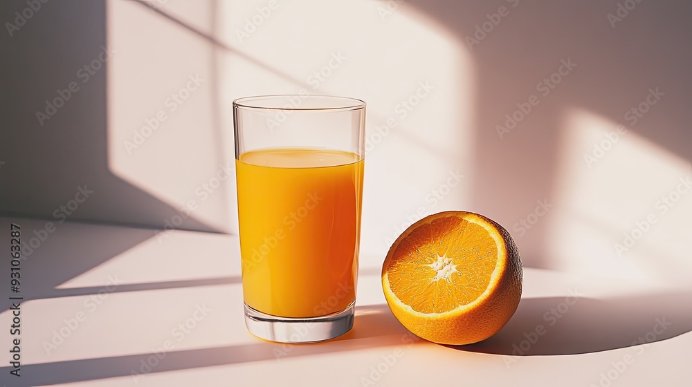 A minimalist side view of a glass of freshly squeezed orange juice next to a whole orange, set against a white backdrop for a clean and refreshing look. A minimalist side view of a glass of freshly squeezed orange juice next to a whole orange, set against a white backdrop for a clean and refreshing look.