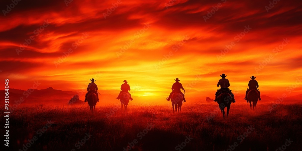 Fototapeta premium A breathtaking silhouette of horseback riders against a vibrant sunset sky, evoking a sense of adventure and freedom.