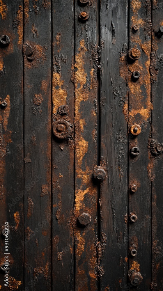Fototapeta premium A close-up of a rustic, weathered door showcasing rich textures of wood and rusted elements.