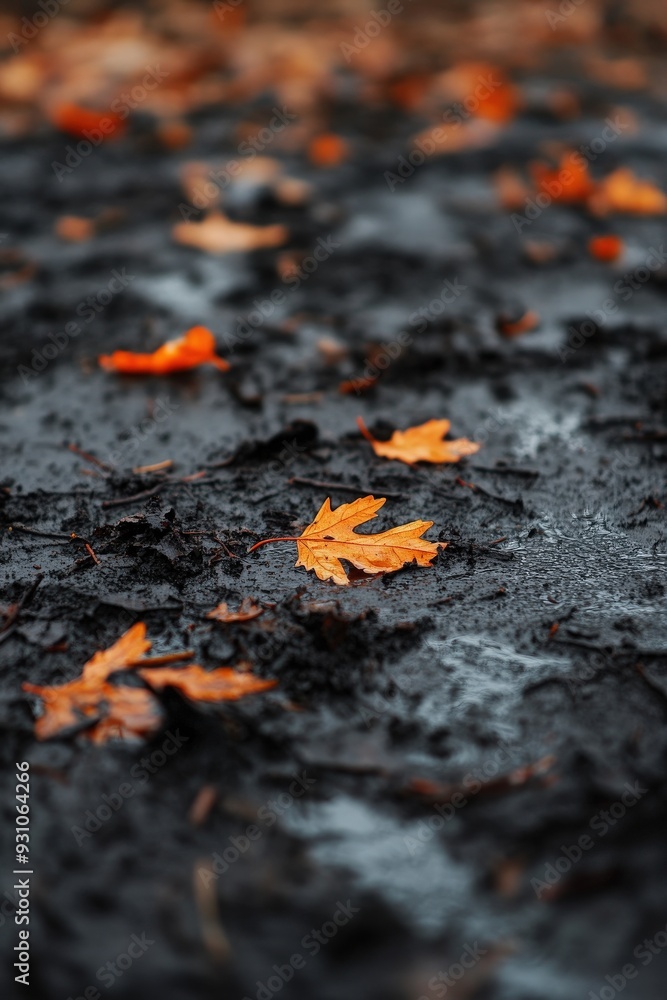 A close-up of orange leaves on dark, wet ground, showcasing the beauty of autumn and nature's vibrant colors. A close-up of orange leaves on dark, wet ground, showcasing the beauty of autumn and nature's vibrant colors.