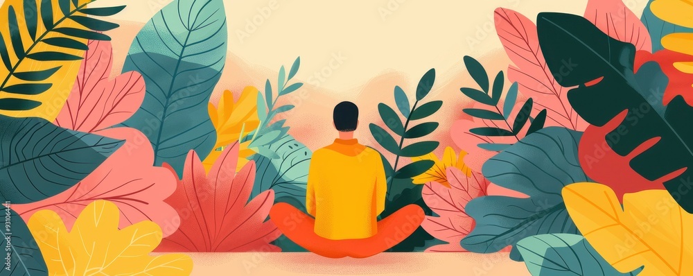 A serene scene depicting a person meditating among vibrant leaves and tropical plants, promoting mindfulness and tranquility. A serene scene depicting a person meditating among vibrant leaves and tropical plants, promoting mindfulness and tranquility.
