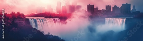 Stunning view of a waterfall cascading against a vibrant city skyline during twilight. Nature meets urban beauty in harmony.