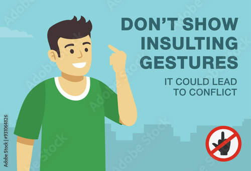 Bad manners. Do not show insulting gestures, it could lead to conflict. Close-up of young male character showing his middle finger. Flat vector illustration template.