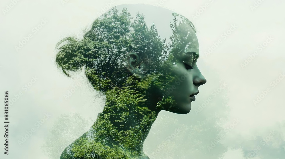 A creative blend of nature and portrait, showcasing a figure with green foliage merging seamlessly with serene facial features. A creative blend of nature and portrait, showcasing a figure with green foliage merging seamlessly with serene facial features.