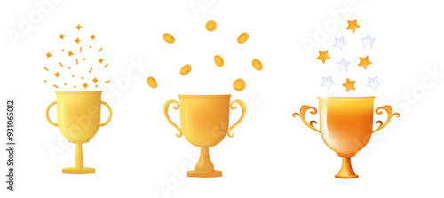 Chalice 3d. Trophy cup with coins and confetti. Gold award, victory in the competition, first place. Gold prize, success of the winner, gift to the champion. Leader in the game. Vector 3D illustration