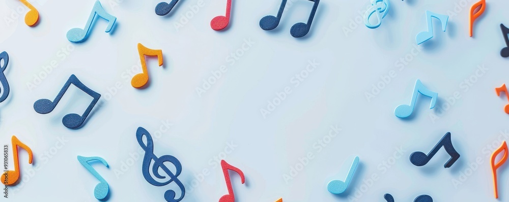 Fototapeta premium Colorful musical notes scattered on a light background, perfect for music-themed projects and creative designs.