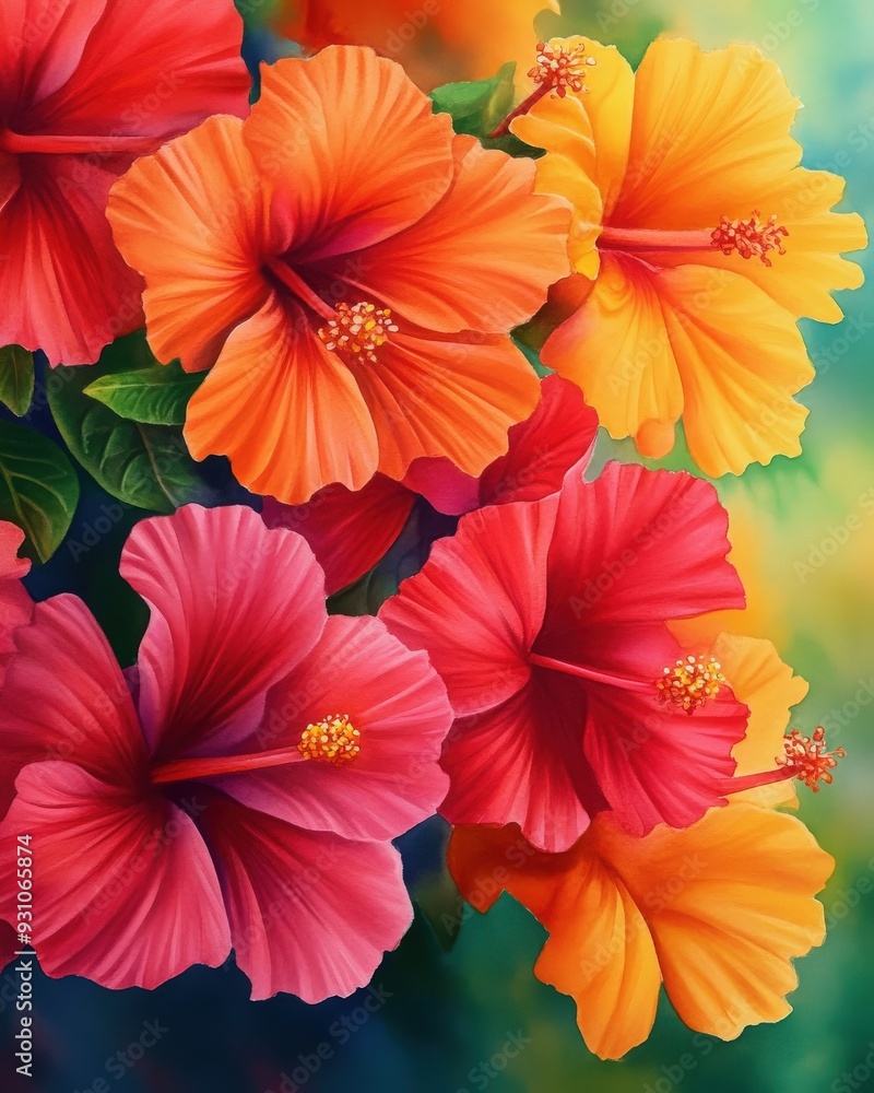 A vibrant display of hibiscus flowers in bright red, yellow, and orange hues, perfect for adding color and beauty to any design. A vibrant display of hibiscus flowers in bright red, yellow, and orange hues, perfect for adding color and beauty to any design.