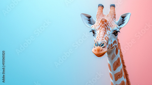 Giraffe Portrait with a Colorful Background: A gentle, curious giraffe with a warm, inviting gaze, framed against a vibrant blue and pink gradient background. This image evokes a sense of tranquility  photo