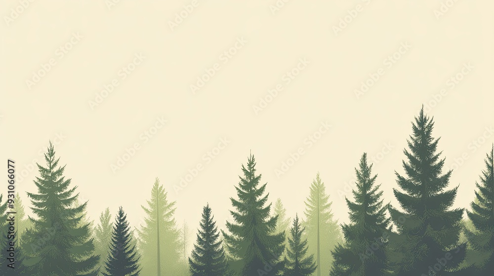 Obraz premium Clean, minimalist image of a forest landscape, with simple trees and greenery, set against a plain backdrop.