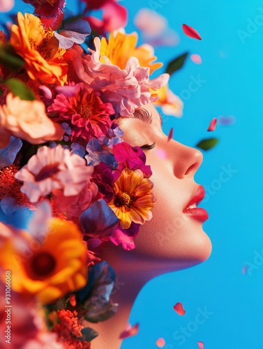 A vibrant portrait showcasing a woman's face adorned with colorful flowers against a striking blue background.