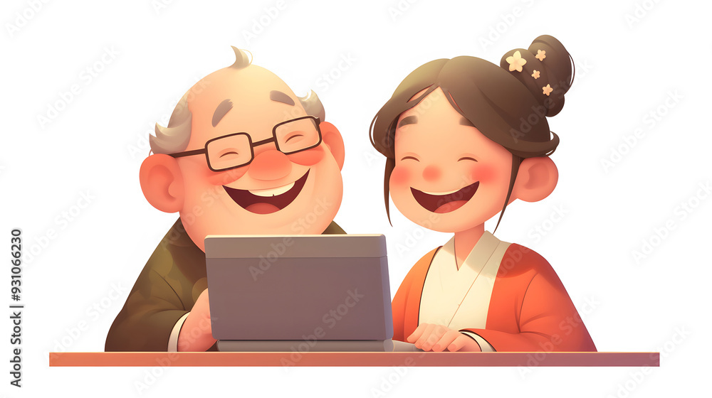 Elderly man and daughter interacting in front of computer Elderly man and daughter interacting in front of computer