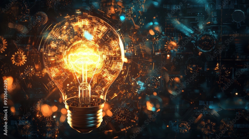 A glowing lightbulb surrounded by mechanical gears and digital circuits, symbolizing the fusion of bright ideas and technological innovation, set against a dark background to emphasize the light and A glowing lightbulb surrounded by mechanical gears and digital circuits, symbolizing the fusion of bright ideas and technological innovation, set against a dark background to emphasize the light and