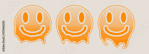 Set of psychedelic melting smiles with halftone effect. Black dots and pop art texture. Retro vector illustration