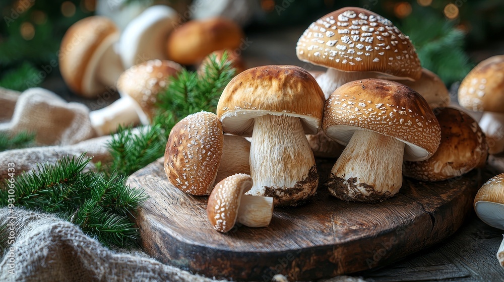 Watercolor mushrooms with soft, earthy tones, arranged on a wooden board. Watercolor mushrooms with soft, earthy tones, arranged on a wooden board.