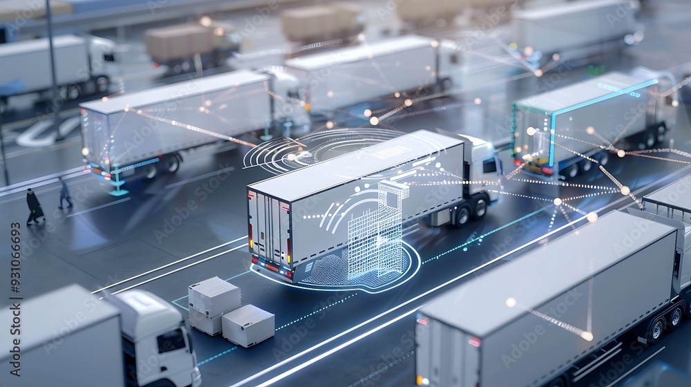Futuristic scene of autonomous trucks connected in a network, showcasing the potential of self-driving technology in transportation and logistics.