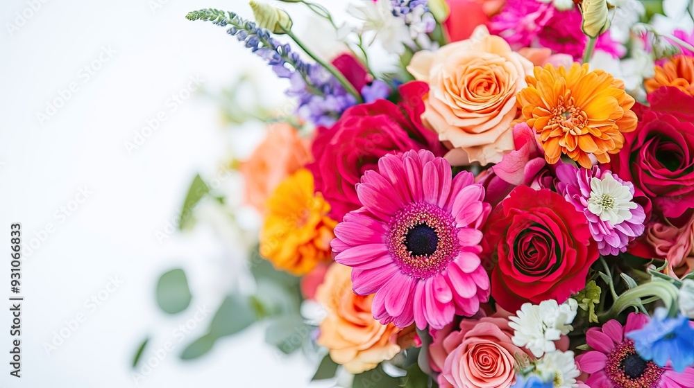 Close-up of a vibrant bridal bouquet with colorful flowers, set against a pristine white background, highlighting the floral arrangement. Close-up of a vibrant bridal bouquet with colorful flowers, set against a pristine white background, highlighting the floral arrangement.
