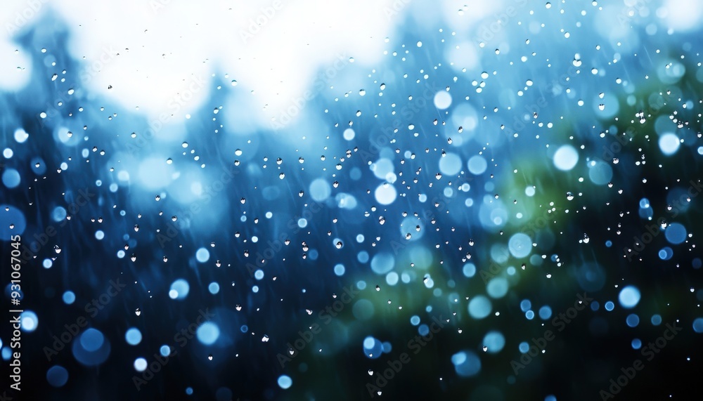 Obraz premium Soft rain creates a dreamy atmosphere with glistening droplets and blurred green background, evoking calm and tranquility.
