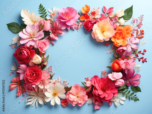 An elegant oval-shaped floral arrangement on a blue background with roses and peonies in various colors