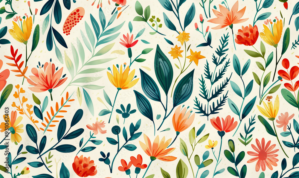 Vibrant and colorful pattern featuring tropical leaves and flowers, perfect for summer designs and projects. Ideal for background, wallpaper, or textile print. Vibrant and colorful pattern featuring tropical leaves and flowers, perfect for summer designs and projects. Ideal for background, wallpaper, or textile print.