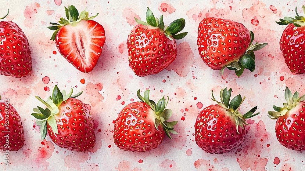 Watercolor strawberries with detailed seeds, arranged in a pattern on a table. Watercolor strawberries with detailed seeds, arranged in a pattern on a table.