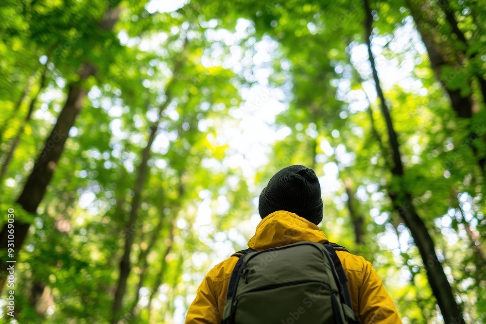 Fototapeta premium A hiker gazes upward through a dense forest, surrounded by vibrant green foliage and tall trees, inviting a sense of adventure.