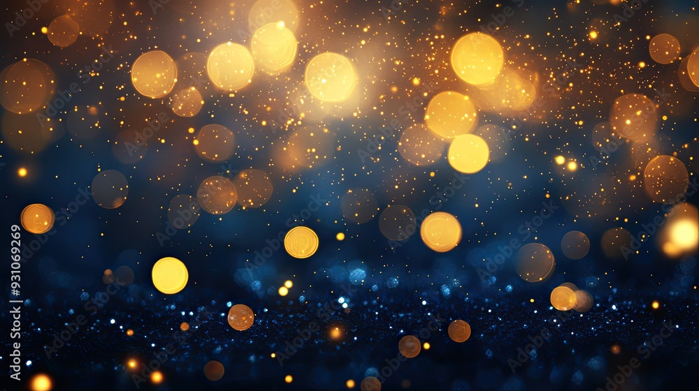 Golden bokeh lights sparkling against a deep blue textured background, perfect for a festive or elegant theme. Golden bokeh lights sparkling against a deep blue textured background, perfect for a festive or elegant theme.