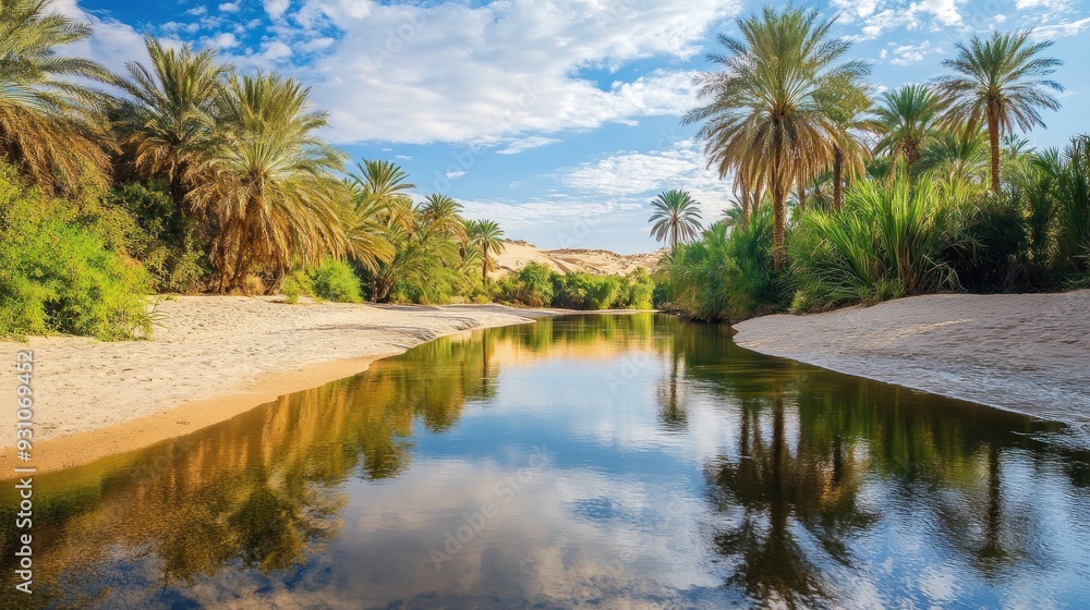 Oasis River with Palm Trees and Reflection Oasis River with Palm Trees and Reflection