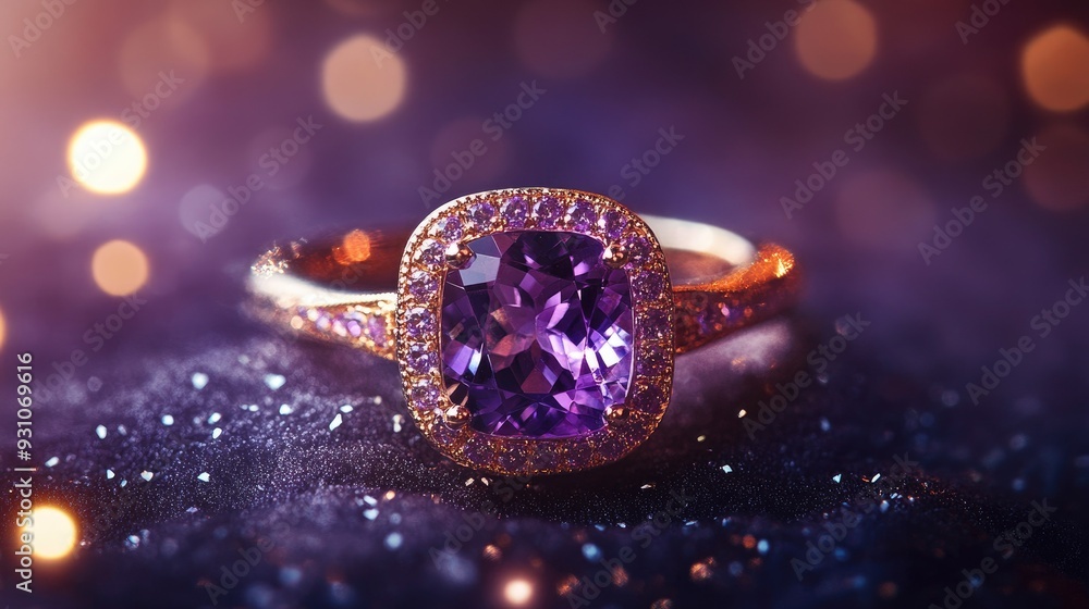 Low angle view of a sparkling amethyst ring, bathed in mystical light, highlighting its elegance and allure on a soft background. Low angle view of a sparkling amethyst ring, bathed in mystical light, highlighting its elegance and allure on a soft background.
