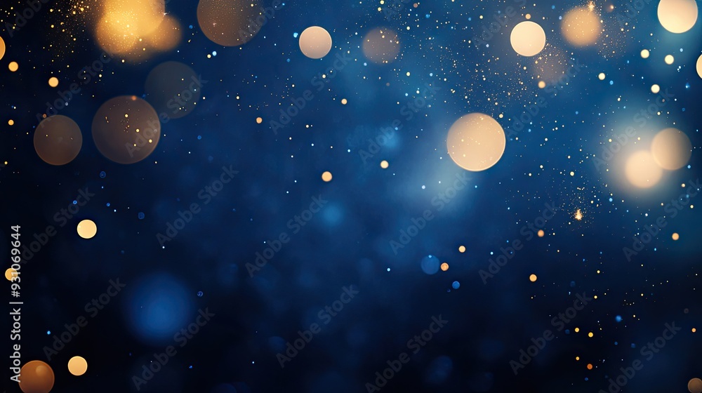 Obraz premium Luxurious dark blue background adorned with scattered gold bokeh lights, creating a dreamy and sophisticated atmosphere.