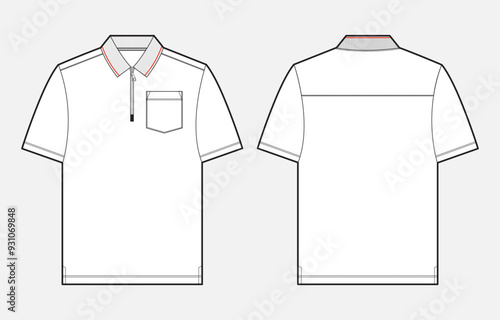  Polo shirt technical drawing fashion flat sketch vector illustration template front and back views. Men's and boys polo t shirt clothing mock up cad.