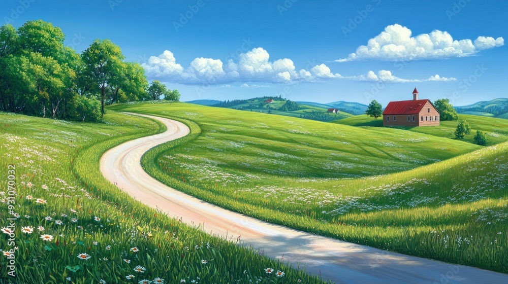 Serene Countryside Road Winding Through Green Fields Serene Countryside Road Winding Through Green Fields