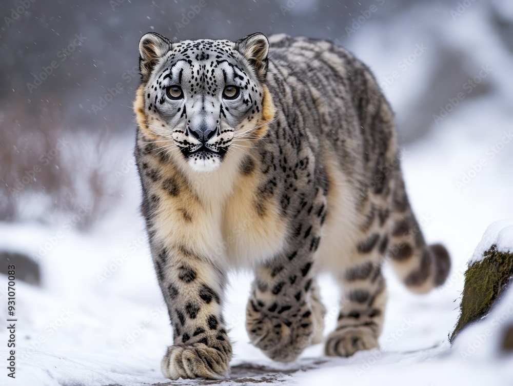 A majestic snow leopard prowls through a snowy landscape, showcasing its striking features and beautiful fur pattern. A majestic snow leopard prowls through a snowy landscape, showcasing its striking features and beautiful fur pattern.