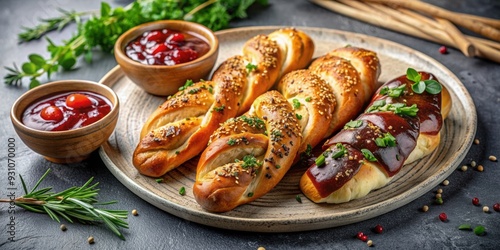 Artisanal bread twists with assorted toppings served on a plate with jam and herbs, artisanal, bread, twists, toppings, plate