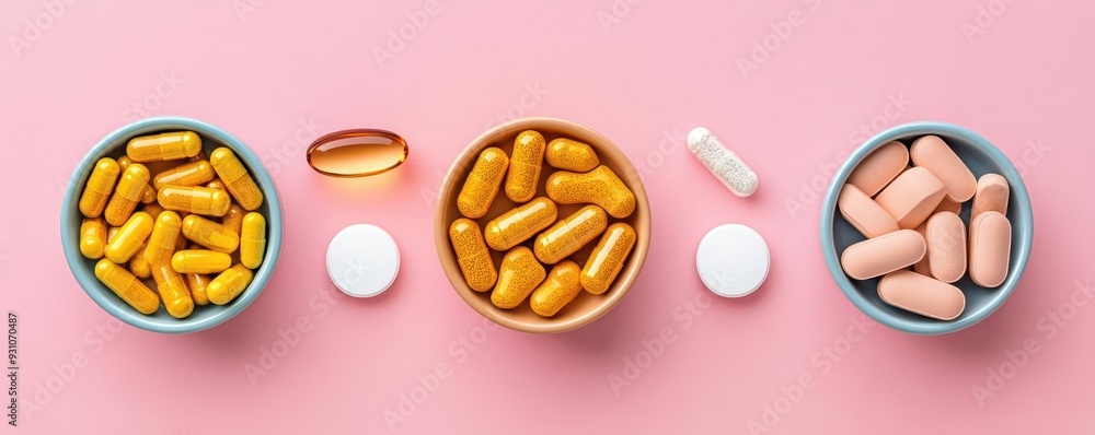A flat lay of daily vitamins and supplements for metabolism placed on a table, supplements, metabolism, vitamins daily routine A flat lay of daily vitamins and supplements for metabolism placed on a table, supplements, metabolism, vitamins daily routine