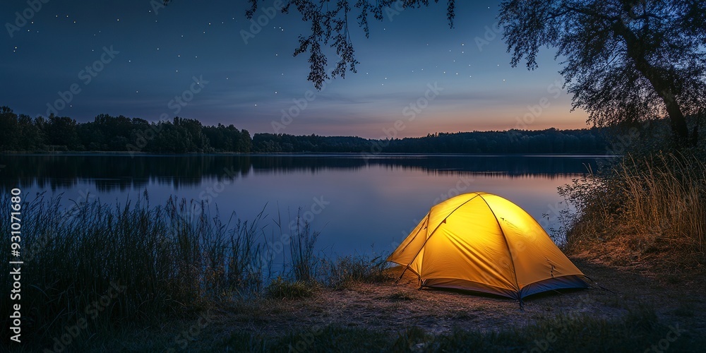 A small yellow tent is set up by a lake at night A small yellow tent is set up by a lake at night