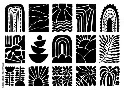 Abstract black and white doodle botanical and geometric vector designs, rainbow, sun