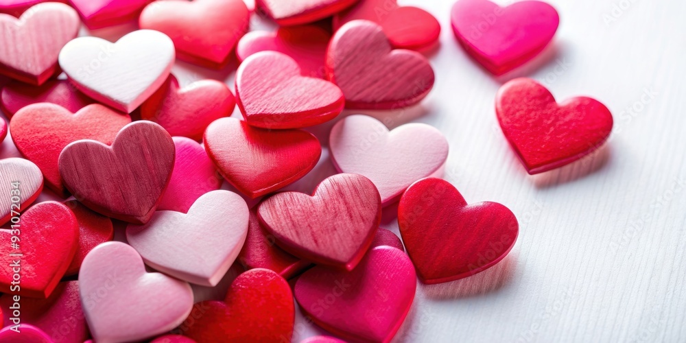 Obraz premium Close up of red and pink Valentine hearts on a white background , love, romance, Valentine's Day, passion