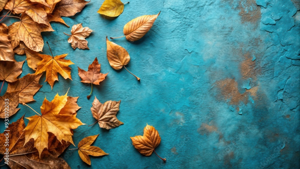 Dry leaves surrounding blue background with copy space, autumn season, yellow leaves October session , fall, foliage Dry leaves surrounding blue background with copy space, autumn season, yellow leaves October session , fall, foliage