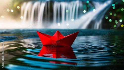 A red paper boat floating on blue water with a reflection in the ocean photo