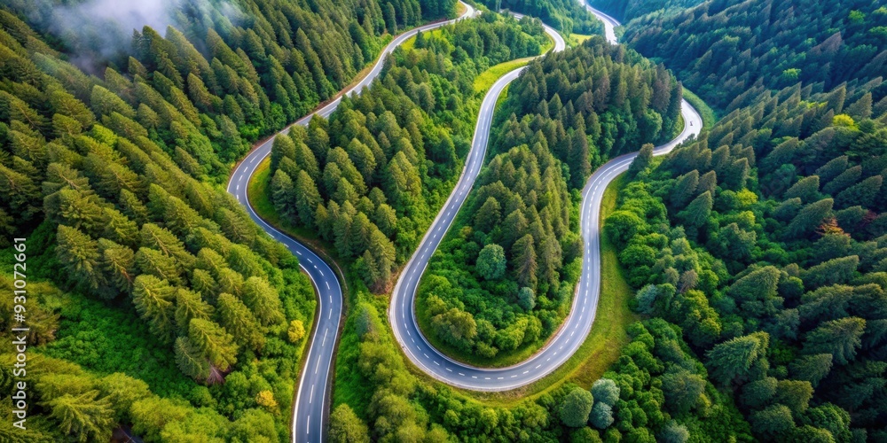 Aerial view of a winding mountain road cutting through a lush forest , serpentine, dramatic, aerial, photograph, vibrant Aerial view of a winding mountain road cutting through a lush forest , serpentine, dramatic, aerial, photograph, vibrant