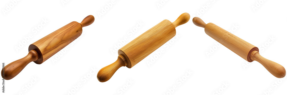 Set of wooden rolling pins on a white background for baking and cooking Set of wooden rolling pins on a white background for baking and cooking